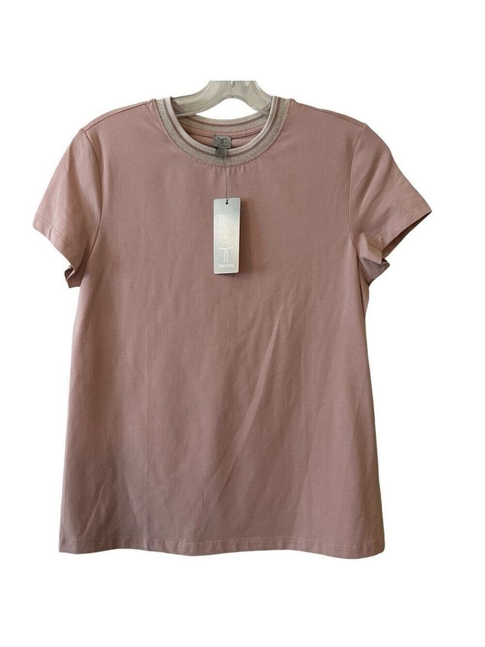 Tristan Gold Trim Crewneck Short Sleeve Stretch Cotton Pale Pink T-Shirt Top